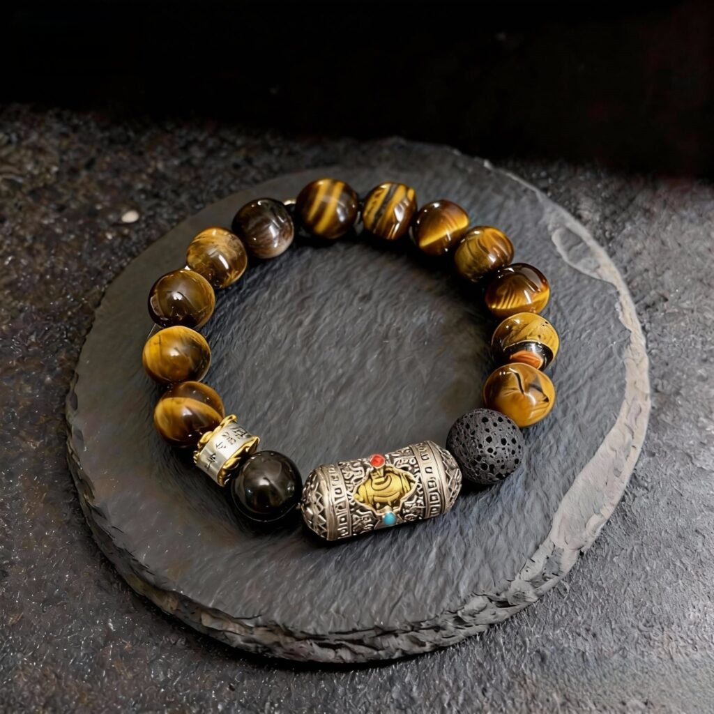 How to Choose a Crystal Bracelet: The Complete Buying & Sizing Guide - tiger's eye bracelet for men - Tibetan Soul golden Tiger's Eye with 925 silver Om charm