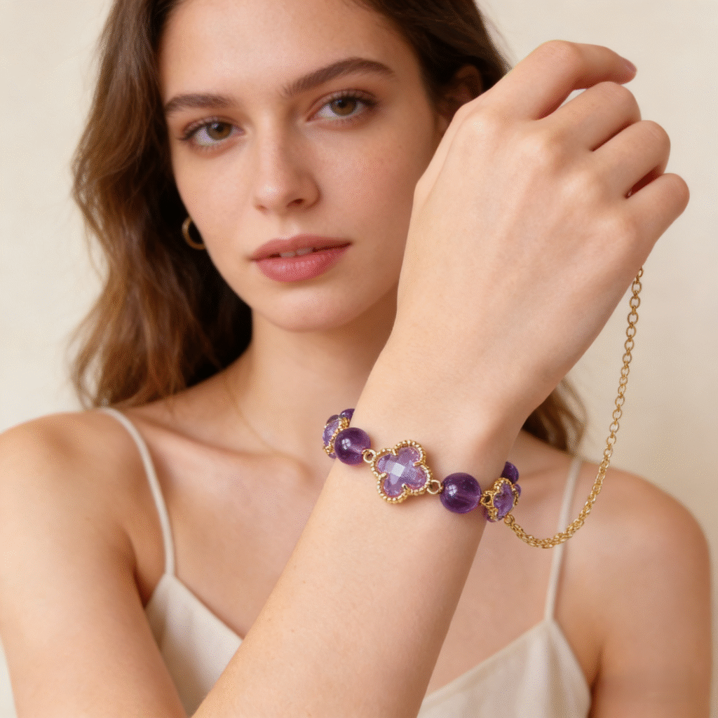 natural amethyst clover bracelet｜christmas guardian gift, calm & sleep aid, a romantic token for her