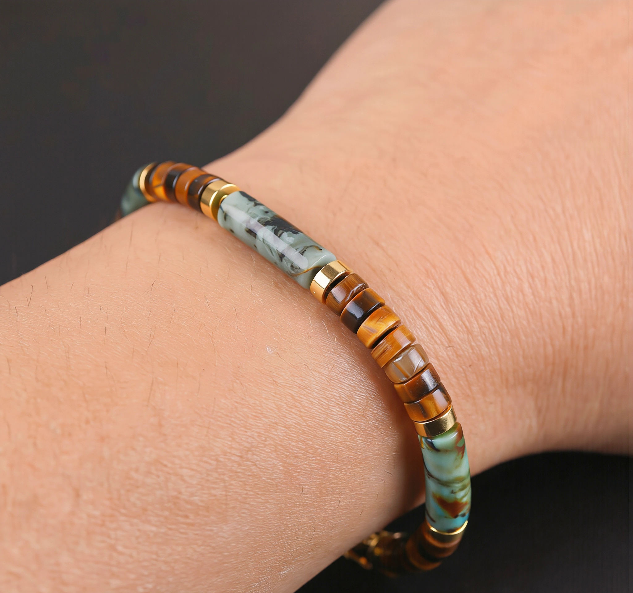 Natural Lapis Lazuli Green Agate Tiger Eye Hematite Men's Beaded Bracelet – Vintage Gold Alloy Crystal Energy Stone Stack - Natural Lapis Lazuli Green Agate Tiger Eye Hematite Men's Beaded Bracelet – Vintage Gold Alloy Crystal Energy Stone Stack - Image 7