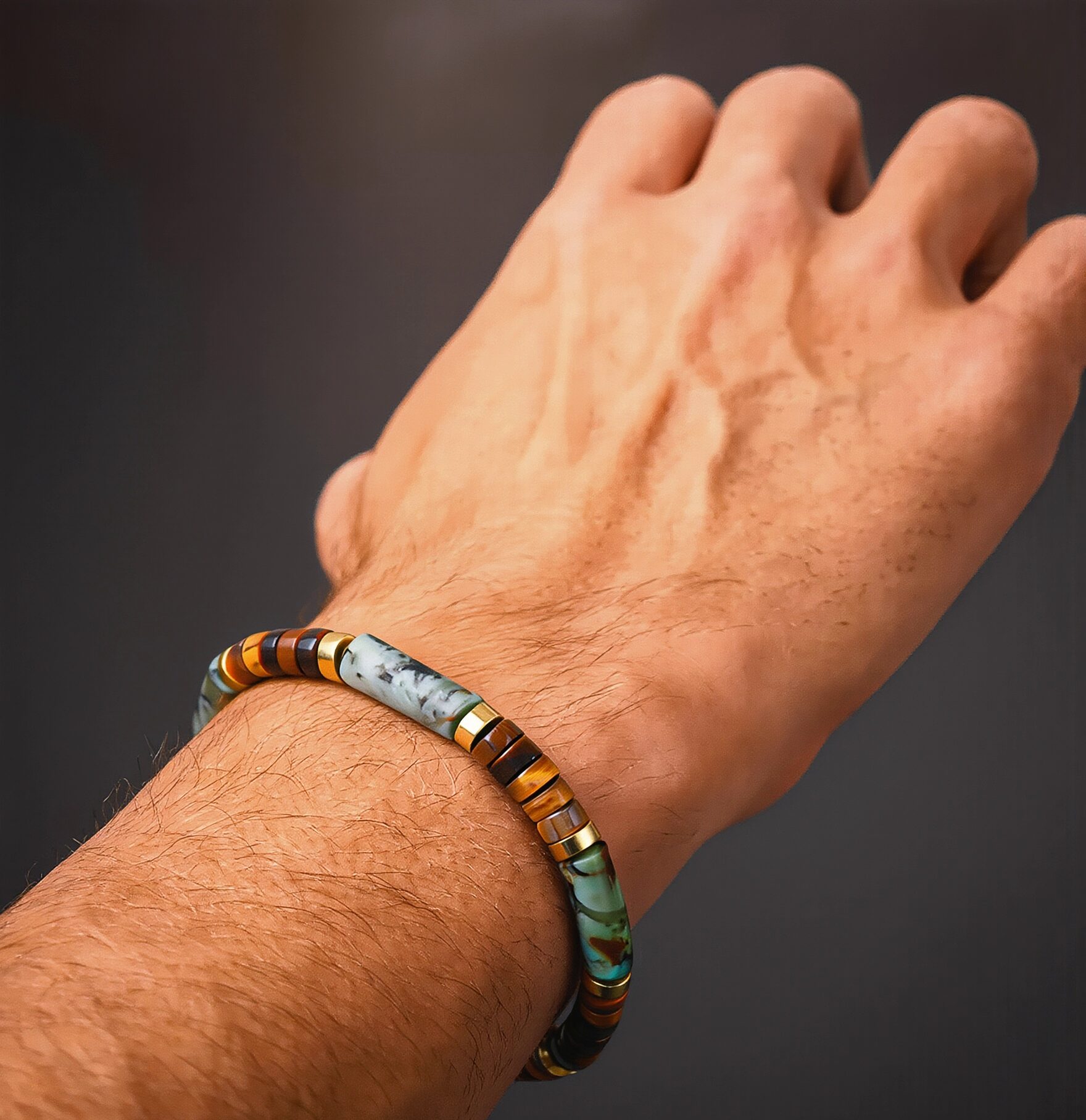 Natural Lapis Lazuli Green Agate Tiger Eye Hematite Men's Beaded Bracelet – Vintage Gold Alloy Crystal Energy Stone Stack - Natural Lapis Lazuli Green Agate Tiger Eye Hematite Men's Beaded Bracelet – Vintage Gold Alloy Crystal Energy Stone Stack - Image 6