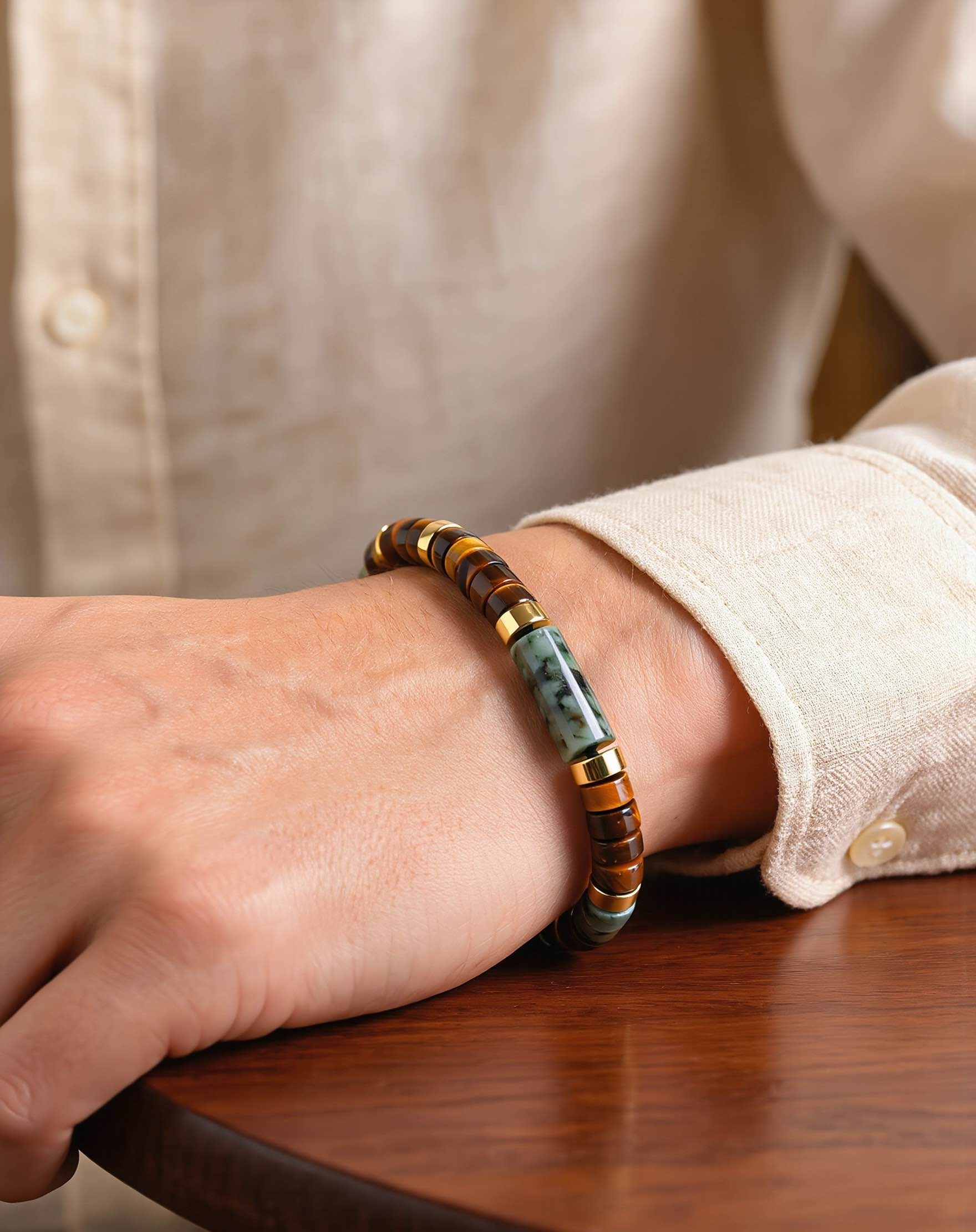 Natural Lapis Lazuli Green Agate Tiger Eye Hematite Men's Beaded Bracelet – Vintage Gold Alloy Crystal Energy Stone Stack - Natural Lapis Lazuli Green Agate Tiger Eye Hematite Men's Beaded Bracelet – Vintage Gold Alloy Crystal Energy Stone Stack - Image 5