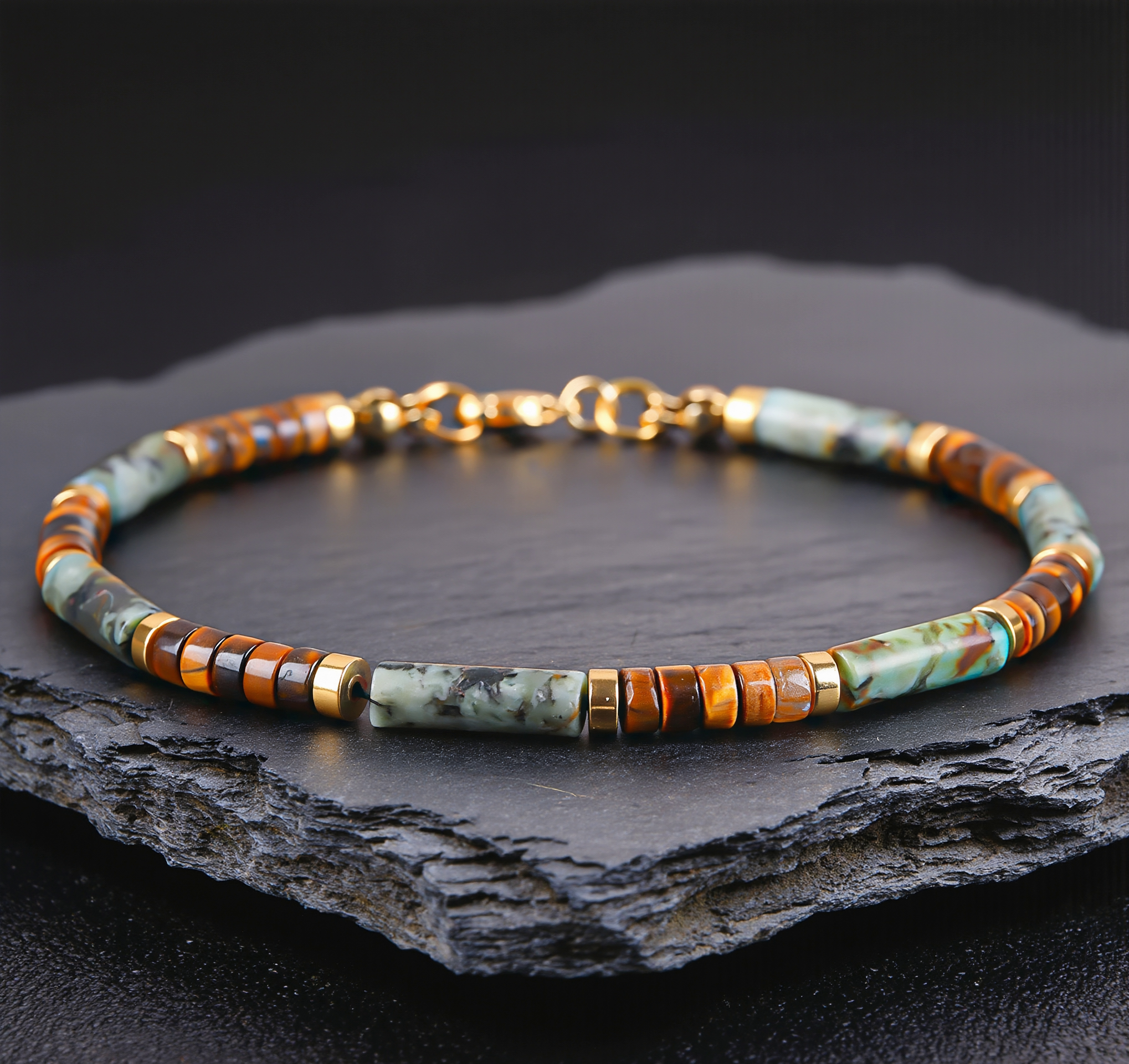 Natural Lapis Lazuli Green Agate Tiger Eye Hematite Men's Beaded Bracelet – Vintage Gold Alloy Crystal Energy Stone Stack - Natural Lapis Lazuli Green Agate Tiger Eye Hematite Men's Beaded Bracelet – Vintage Gold Alloy Crystal Energy Stone Stack