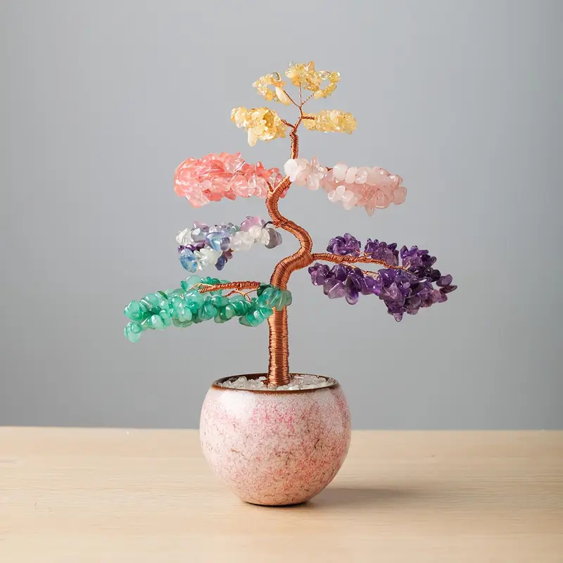 7-Chakra Crystal Money Tree | Handmade Gemstone Bonsai for Desk & Home - Handmade 7-chakra crystal money tree with natural gemstone chips in a pink ceramic pot