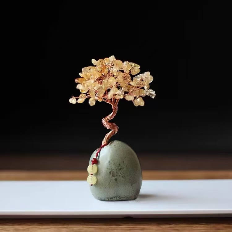 5-Color Crystal Money Tree | Handmade Multi-Gemstone Wealth Tree | Feng Shui Prosperity Decor Gift - Handmade 5-color crystal money tree with citrine, rose quartz, amethyst, green aventurine, black obsidian on a ceramic base
