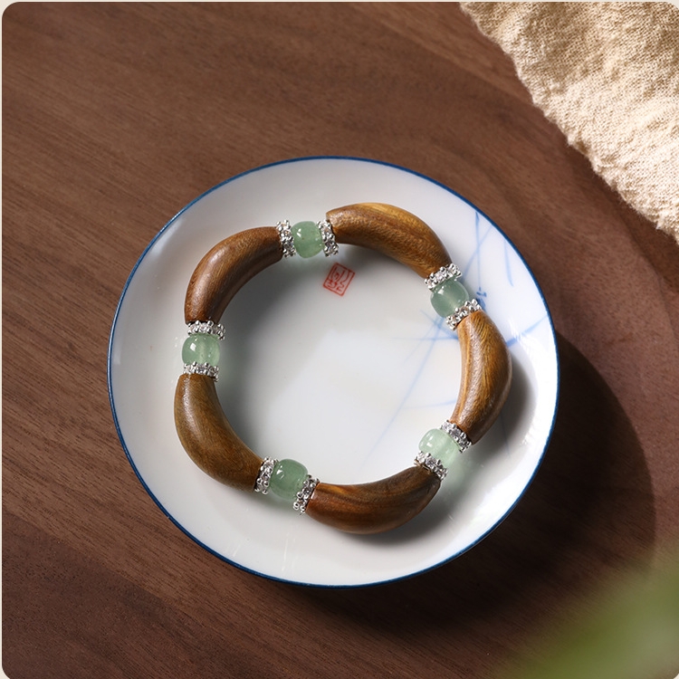 Green Sandalwood & Green Aventurine Curved Tube Bracelet | Vintage Unisex Wooden Bead Bracelet - Green Sandalwood & Green Aventurine Curved Tube Bracelet | Vintage Unisex Wooden Bead Bracelet - Image 2