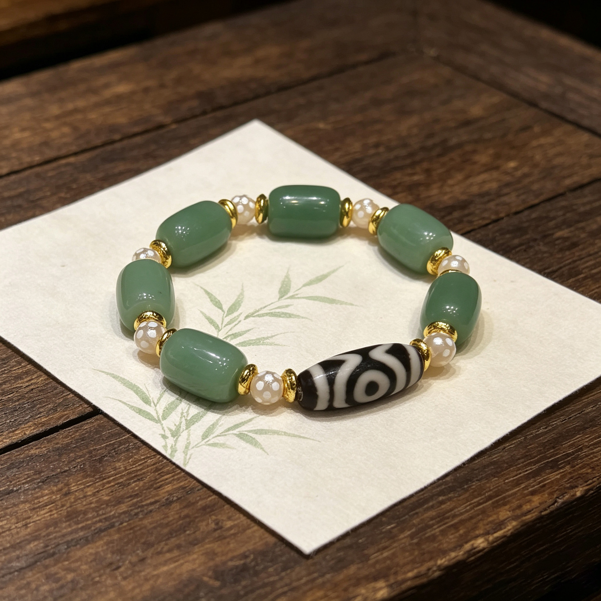 Green Aventurine & Tibetan Dzi Bead Bracelet | Zen Barrel Bead Unisex Design with Pearl Accents - Green Aventurine & Tibetan Dzi Bead Bracelet | Zen Barrel Bead Unisex Design with Pearl Accents - Image 2