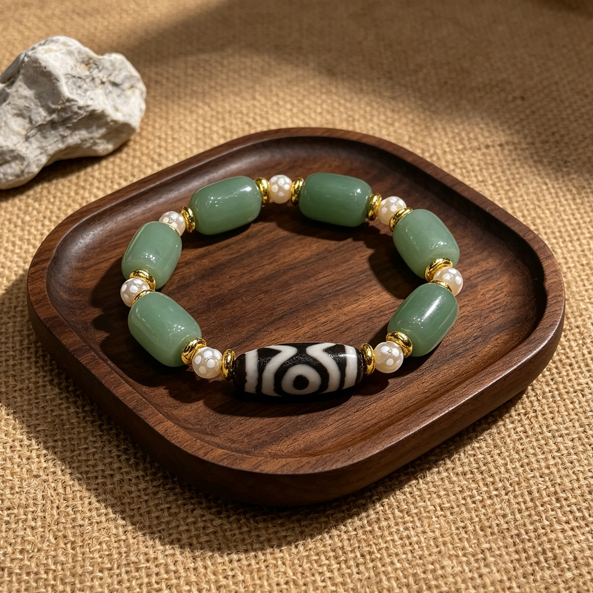 Can You Wear Crystal Bracelets Together? The Complete Stacking Guide - Green aventurine and Tibetan dzi bead bracelet with zen barrel beads
