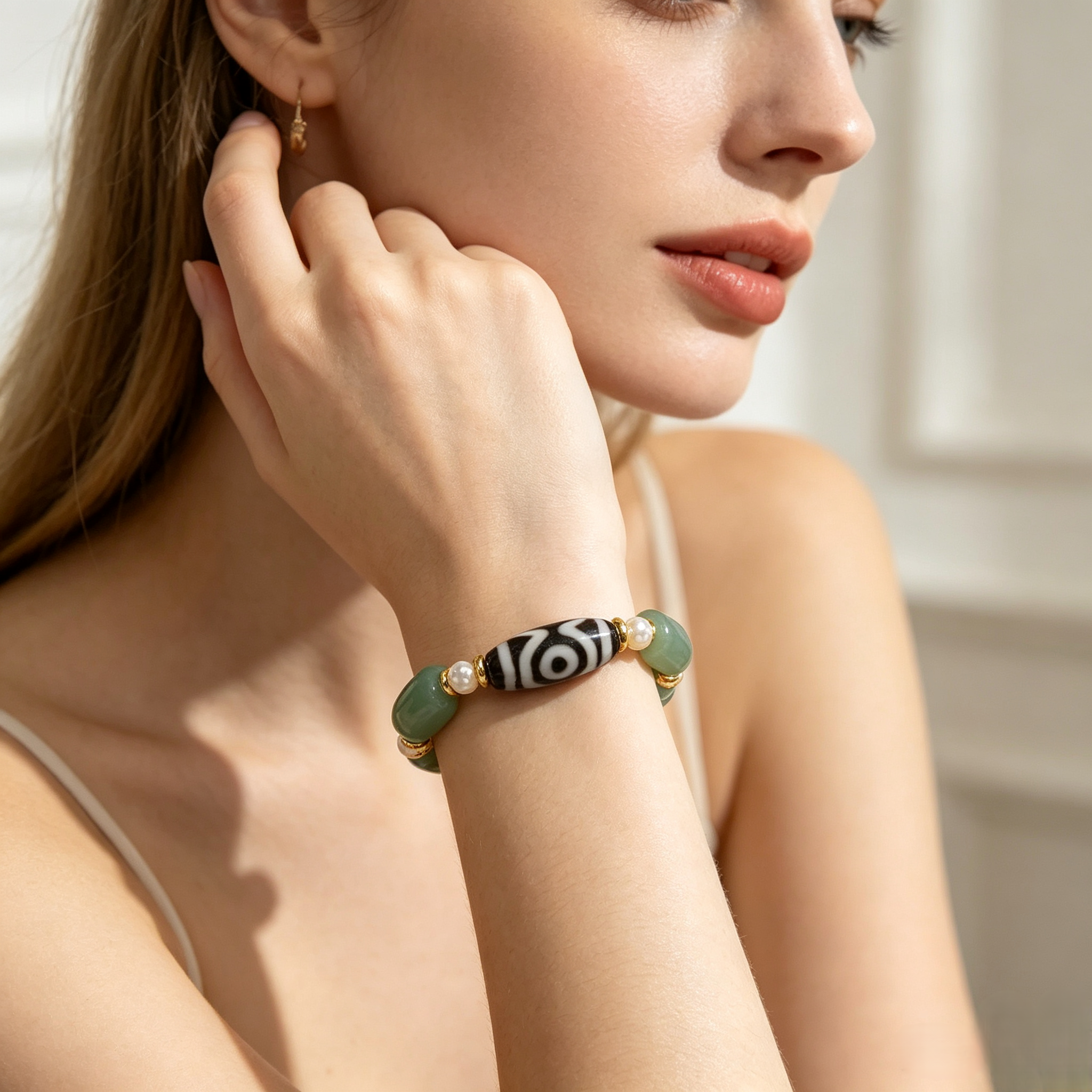 Green Aventurine & Tibetan Dzi Bead Bracelet | Zen Barrel Bead Unisex Design with Pearl Accents - Green Aventurine & Tibetan Dzi Bead Bracelet | Zen Barrel Bead Unisex Design with Pearl Accents - Image 5