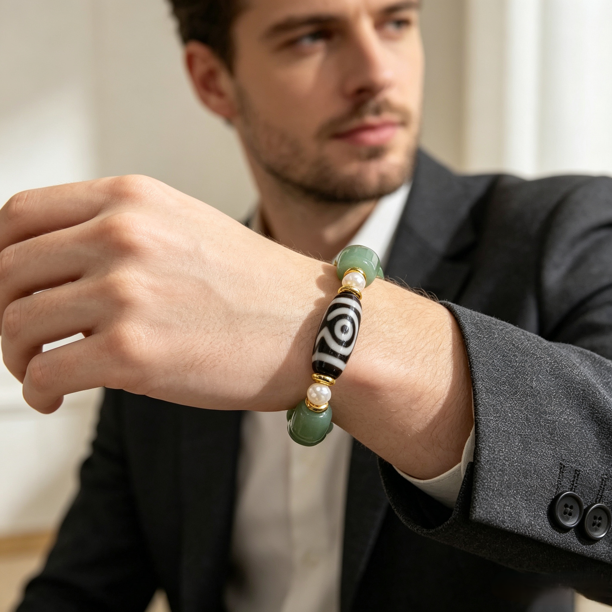Green Aventurine & Tibetan Dzi Bead Bracelet | Zen Barrel Bead Unisex Design with Pearl Accents - Green Aventurine & Tibetan Dzi Bead Bracelet | Zen Barrel Bead Unisex Design with Pearl Accents - Image 4