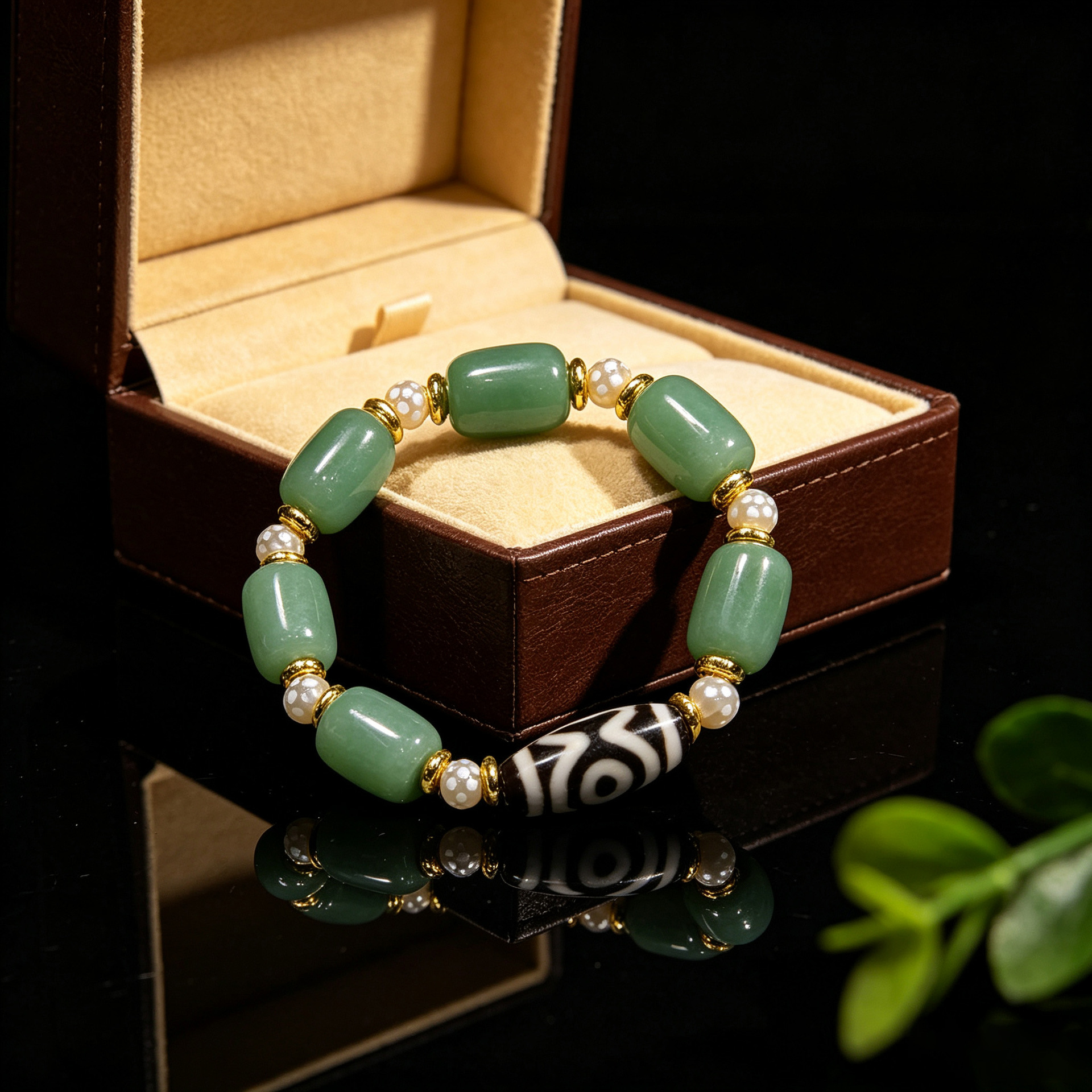 Green Aventurine & Tibetan Dzi Bead Bracelet | Zen Barrel Bead Unisex Design with Pearl Accents - Green Aventurine & Tibetan Dzi Bead Bracelet | Zen Barrel Bead Unisex Design with Pearl Accents - Image 3