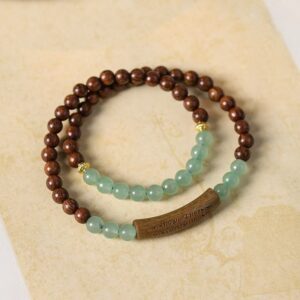 Golden Sandalwood & Green Aventurine Double Wrap Bracelet | Five-Line Sutra Bar, Boho Forest Style for Women