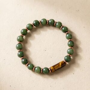 green aventurine bracelet with tiger eye barrel bead and copper spacers unisex gemstone jewelry